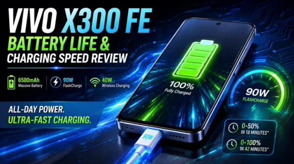 Vivo X300 FE battery life and charging speed review showing fast charging and long-lasting battery performance.