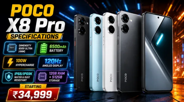 Poco X8 Pro Specifications featuring Dimensity 8500 Ultra processor, 6500mAh battery, 100W fast charging, 120Hz AMOLED display, and IP68/IP69K protection.
