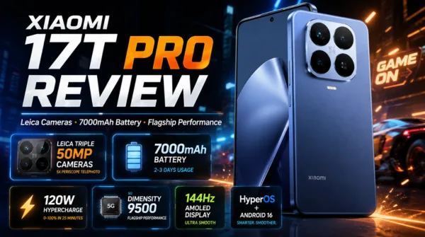 Xiaomi 17T Pro review featured image showing Leica triple 50MP cameras, 7000mAh battery, Dimensity 9500 processor, and 144Hz AMOLED display.
